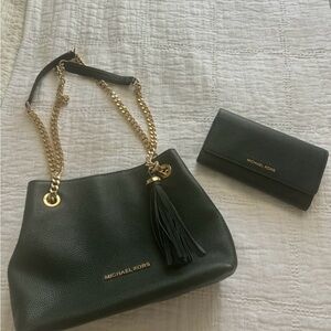 Michael Kors Dark Green and Gold Shoulder Bag with Wallet